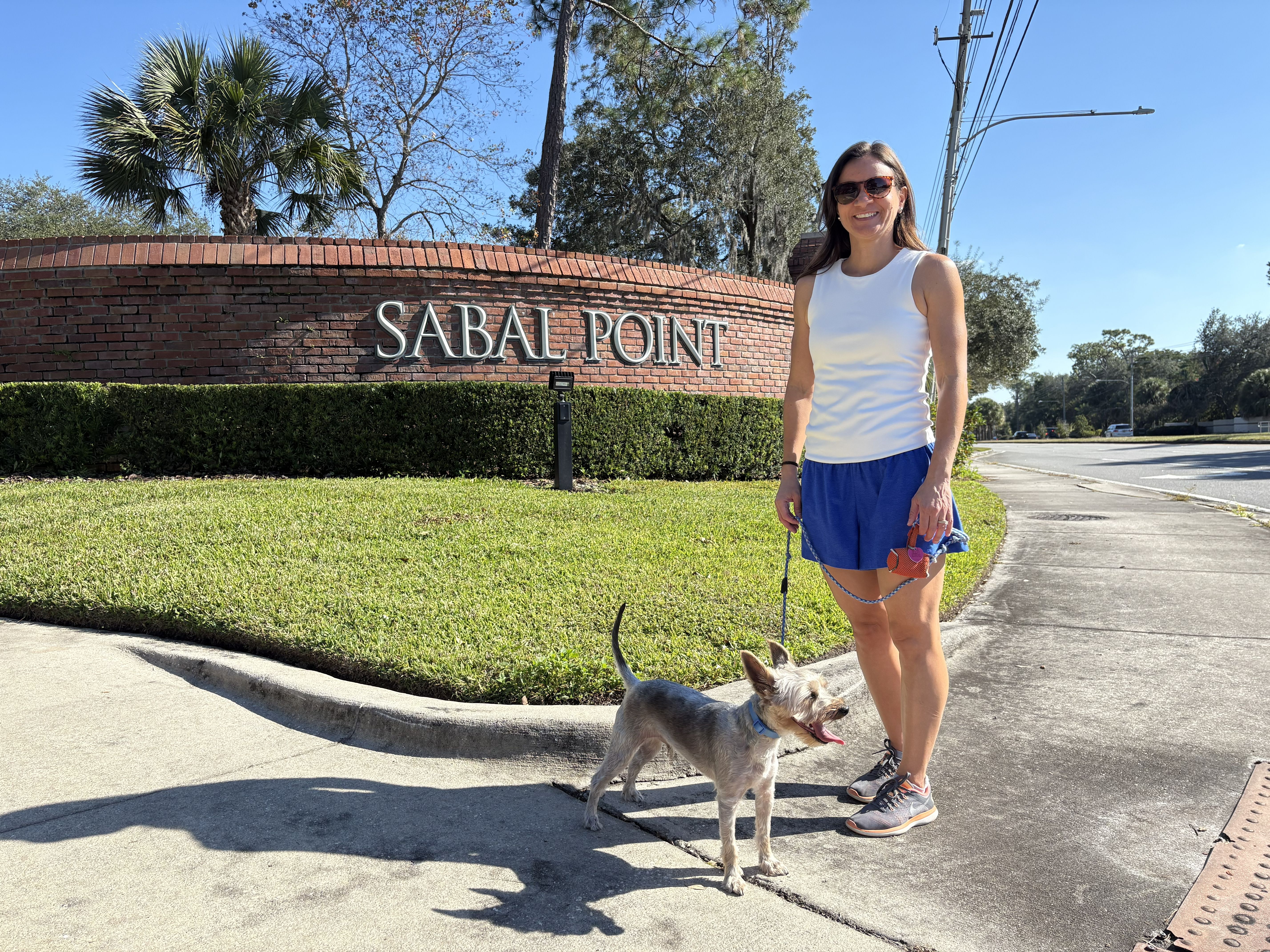 Happy dog being walked in Longwood neighborhood